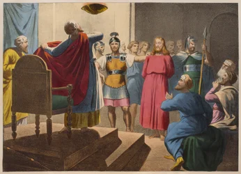 Jesus Cristo diante de Caifás, ilustração de um catecismo LHistoire Sainte, publicado por Charles Delagrave, Paris, final do século XIX