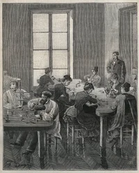 Oficina de jóias em Paris, no século XIX. Gravura de 1885 em "Les arts et metiers illustres" de Adolphe BITARD.