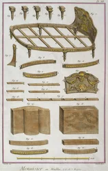 Marceneiro, um sofá, ilustração da enciclopédia de Ciências e Metiers por Denis Diderot (1713-84) gravado por Robert Benard (fl.1734) publicado c.1770 (gravura a cor)
