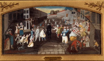 Piadas das ruas de Paris: A Rue Saint-Antoine. - "Les farces des rues de Paris: la rue du faubourg Saint Antoine a Paris" Passageiros, adultos e crianças, entretendo e lutando. No fundo, vemos a prisão da Bastilha. Pintura (para de