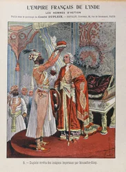 Joseph Francois Dupleix (1697-1763) recebe a insígnia imperial de um soberano índio, cobertura do livro de exercício escolar c.1900