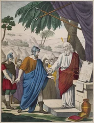 Josué nomeado por Moisés como seu sucessor, ilustração de um catecismo LHistoire Sainte, publicado por Charles Delagrave, Paris, final do século XIX