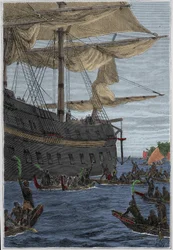 Viagem de Samuel Wallis (1728-1795) à Polinésia: povos indígenas com ramos de banana na mão como uma saudação de boas-vindas - ilustração retirada de "Os Grandes Marinheiros do século XVIII".