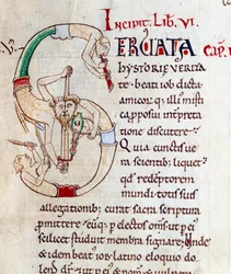 Malabaristas e músicos - lettrine S (inicial). Miniatura do manuscrito "Moralia in Job", Morales sur Job de Saint Gregoire, da abadia de citeaux