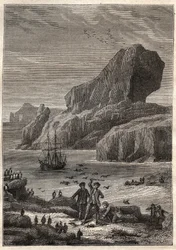 Ilhas Kerguelen. Ilustração para Os Grandes Navegadores do Século XVIII de Jules Verne - James Cook aux Iles de Kerguelen em 1776 (arquipélago de Kerguelen ou Iles de la Desolation) - em "Os Viajantes dos Séculos XVIII e XIX - ilustração