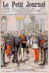 O Rei Alfonso XIII de Espanha apresenta a sua corte ao Presidente Emile Loubet de França no Palácio Real, em Madrid. No Palácio Real de Madrid. O Rei de Espanha Alfonso XIII apresenta os dignitários da Corte ao Presidente da República Loubet