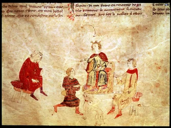 Rei Arthur em seu trono cercado por seus conselheiros, do Romano de Meliádus