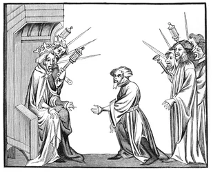 Rei Carlos Magno (742-814) recebendo o Juramento de Fidelidade e Homenagem de um de seus Feudatórios ou Altos Barões, de uma miniatura em cameo das Crônicas de São Denis