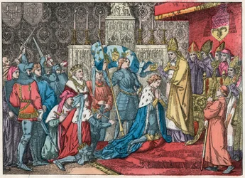 O rei Carlos VII (1403-1461) recebe a coroa na Catedral de Reims em 17/07/1429, na presença de Joana d