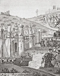 O rei Carlos VII, ao deixar Rouen, parte para sitiar a cidade de Harfleur, após uma miniatura do manuscrito do século XV Chroniques de Monstrelet, de Science and Literature in The Middle Ages, de Paul Lacroix pub. Londres, 1878