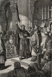 O rei Luís VII (1120-1180) toma a chama oriunda da Basílica de Saint Denis (Saint Denis) na presença da rainha Alienor da Aquitânia e recebe das mãos do Papa Eugénio III (? -1153) o abelhão e o pannetière da pelerina, antes da sua partida