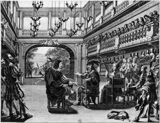 Rei Luís XIII (1601-43) e Rainha Ana da Áustria (1601-1666) na produção de Mirame no Palais Cardinal, Paris, 1641