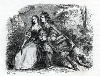 Rei Luís XIV (1638-1715) e sua amante Louise de La Valliere (1644-1710) - (gravura) 1846
