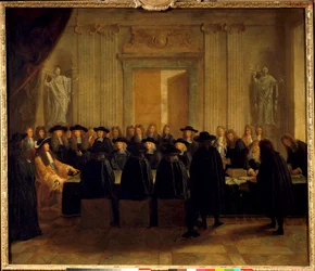 O Rei Luís XIV (1638-1715), com os selos na presença dos Conselheiros de Estado e do Mestre dos Pedidos, enquanto ele próprio exercia o cargo de Chanceler da França entre fevereiro e abril de 1672 Pintura anônima. Sol do século XVII. 1,10 x 1,28 m