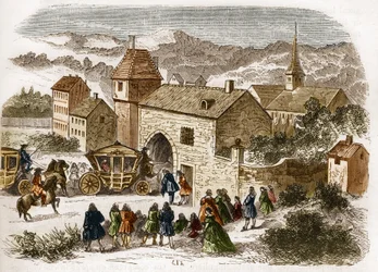 O Rei Luís XIV (1638-1715) visitando Melle de Fontanges (1661-1681) em Port Royal por volta de 1680. Gravação em "A história da prostituição e do deboche entre todos os povos do mundo desde a antiguidade até os dias de hoje" pelo Dr. Th. -F. Debray. 1879.
