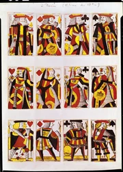 Rei, rainha e Jack jogando cartas (gravura em madeira colorida)