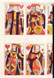 Rei e rainha jogando cartas (gravura em madeira colorida)
