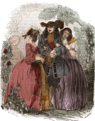 Rei da França Luís XIV (1638-1715) com Hortense Mancini (1646-1699) e sua irmã Marie Mancini (1639-1715). Peças de Mazarin. Gravura do século XIX.