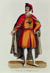 Cavaleiro da Ordem Húngara do Dragão Derrubado, ilustração da História e Trajes das Ordens Monásticas de Pierre Helyot (1660-1716), 1842