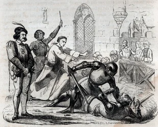 O caso Carrouges, 29 de dezembro de 1386 - último duelo judicial - duelo entre Jacques le Gris (1330-1386) e Jean de Carrouges - gravura em «As ruas de Paris. Paris antiga e moderna: origens, história, monumentos, trajes, costumes, crónicas e tradições»
