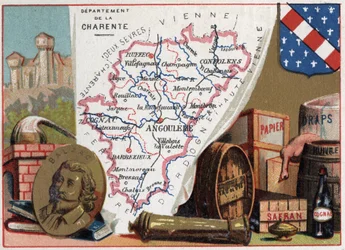 La Charente (16), Poitou-Charentes (Poitou Charentes), França. Retrato de Honore de Balzac (1799-1850), escritor francês. Especialidade local: aguardente, açafrão, papel, folhas, azeite, aguardente. Série sobre os Departamentos franceses. Cromolitografia (
