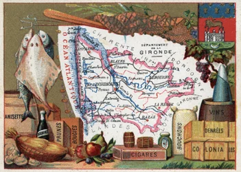 La Gironde (33), Aquitânia, França. Especialidade local: peixe, anisette, vinho de Bordeaux, ameixas, velas, charutos, rolhas e comida colonial. Série sobre os Departamentos franceses. Chromolitografia (Chromo) "o fio geográfico", cerca de 1920. Colecção p