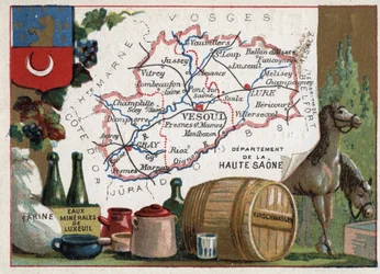 La Haute-Saone (Haute Saone, 70), Franche Comte (Franche-Comte), França. Farinha, Luxeuil Minerales, kirschwasser (kirsch). Série sobre os Departamentos franceses. Cromolitografia (Chromo) "o fio geográfico", cerca de 1920. Colecção privada.