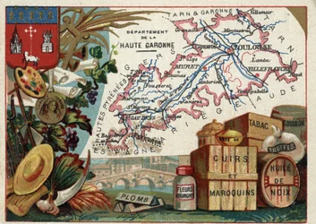 La Haute Garonne (Haute-Garonne, 31), Midi-Pyrenees (Midi Pyrenees), França. Especialidade local: chumbo, flores de laranjeira, pasta, couro e artigos de couro, tabaco, óleo de nozes, alcatrão e trufas. Série sobre os Departamentos franceses. Cromolitograf