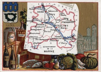 La Marne (51) em Champagne Ardenne (Champagne-Ardenne), França. Especialidades locais: o champanhe e a Catedral de Reims. Série sobre os Departamentos franceses. Chromolitografia (Chromo) "o fio geográfico", por volta de 1920. Colecção privada.