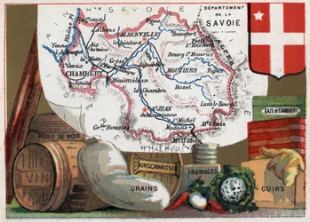 La Savoie (73), Rhone Alpes (Rhone-Alpes), França. Série sobre os Departamentos franceses. Especialidade local: óleo de nozes, vinho, grãos, kirschwasser (kirsch), queijo, gaze chambery e couro. Chromolitografia (Chromo) "o fio geográfico", cerca de 1920. 