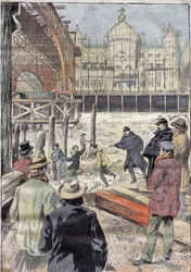 La Seine gelee, perto da ponte de ferro construída para a exposição universal, ao lado da Pont des Invalides, inverno de 1899. Gravura em "Le Pelerin" 31/12/1899.