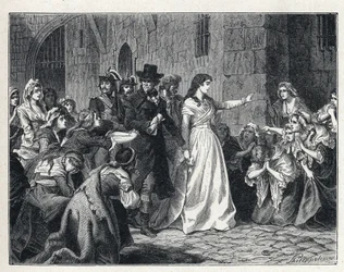 La Terreur durante a Revolução Francesa: Madame Jeanne Marie Roland de la Platiere (1754-1793) deixando a prisão do Concierge para ir perante o Tribunal Revolucionário em 1793. Os seus codetenues ajoelham-se no seu caminho.