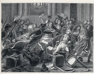 La Terreur durante a Revolução Francesa: prisão de Maximilian de Robespierre (1758-1794) e dos seus apoiantes reunidos no Hotel de Ville de Paris em 9 Thermidor ano II (27 de Julho de 1794). No centro, um gendarme disparou uma pistola contra Robespierre (1