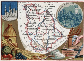 La Vienne (86), Poitou-Charentes (Poitou Charentes), França. Sementes, talheres Chatellerault e meias. Série sobre os Departamentos franceses. Chromolitografia (Chromo) "o fio geográfico", cerca de 1920. Colecção privada.