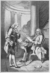 La demission de Turgot 1776 - Luís XVI (1754-1793), rei da França, e Anne Robert Jacques Turgot (1727-1781) - Demissão de Turgot - gravura de "L