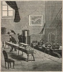 La liquefaction des gaz dans le laboratoire de Raoul Pictet (1878) - Raoul Pierre Pictet (1846-1929) físico suíço, realiza uma experiência para liquefazer e solidificar o gás hidrogênio, e estuda as propriedades das substâncias a baixas temperaturas - Grav