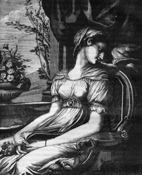 Lais, originário da Sicília, foi capturado e levado como escravo para Corinto. Ela tornou-se amante de Aristippe, Demóstenes e Diogene, a cínica. Gravura em "A história da prostituição e do deboche entre todos os povos do mundo desde a antiguidade t