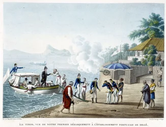 Aterragem na povoação portuguesa de Dillé, ilha de Timor.