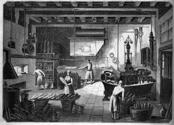 Grandes indústrias francesas no século XIX: Electrodomésticos Drouot para panificação. Fournil de M. Courcier, rue Saint Maur em Paris. Em "Le Monde illustrious", 1862.