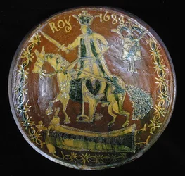 Grande prato redondo representando Louis XIV (1638-1715) a cavalo, 1688 (cerâmica)