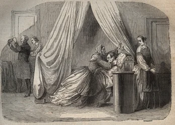 Últimos momentos de Charles Lafarge (1811-1840), marido de Marie Fortunee Capelle, Marie Lafarge (Madame) (1816-1852) Criminoso francês - Gravação em "Causes celebres de tous les peuples" de Armand Fouquier (1817-18?) 1858-1867 - coleção particular
