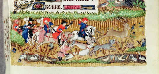 Lat 1156 B f.163 de novembro; Caça ao veado, das Horas de Marguerite dOrleans, 1426-38