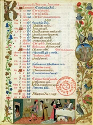 1173 f.1 de janeiro; figuras comendo e bebendo, por Robinet Testard, das Horas de Carlos de Angoulême