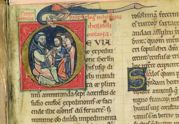 Lat 5128 f.1 Pedro, o Eremita, distribui cruzes, de "História de Jerusalém..." do monge Roberto (velino)