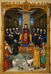 Lat 6067 f.3v O autor dedicando seu livro a Pierre dAubusson, grão-mestre da Ordem de São João de Jerusalém, de A History of the Siege of Rhodes, de Guillaume Caoursin, 1483