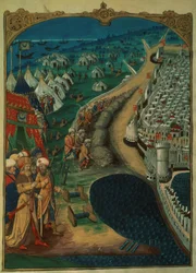 Lat 6067 f.50v O Conselheiro Chefe de Maomé II, possivelmente Miseh Paleologue, dirigindo as operações turcas, c.1480, de Uma História do Cerco de Rodes, de Guillaume Caoursin, 1483