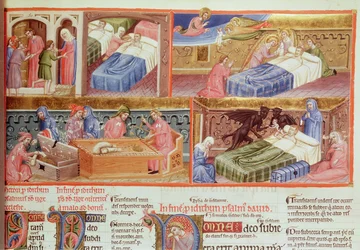 Lat 8846 f.106 Bom homem sendo levado para o céu e homem ganancioso para o inferno, da Hebraica Romana Gallica