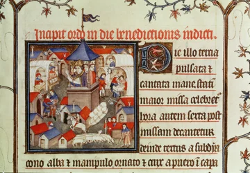 Lat 962 f.264 Miniatura de um bispo abençoando a feira anual ou mercado realizada por duas semanas em junho nas planícies de St. Denis, de um pontifício, 1301-1400