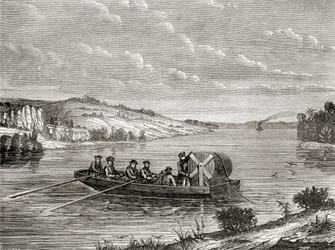 Colocação de um cabo telegráfico sob um rio americano c.1860, de Les Merveilles de la Science, publicado c.1870 (gravura)