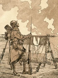 Le Bleuet. Símbolo da memória e da solidariedade em França, para os veteranos e as vítimas da primeira guerra mundial. Ilustração da propaganda francesa da 1ª Guerra Mundial que evoca as vitórias francesas ao longo dos tempos. Da Agenda Buvard du Bon March
